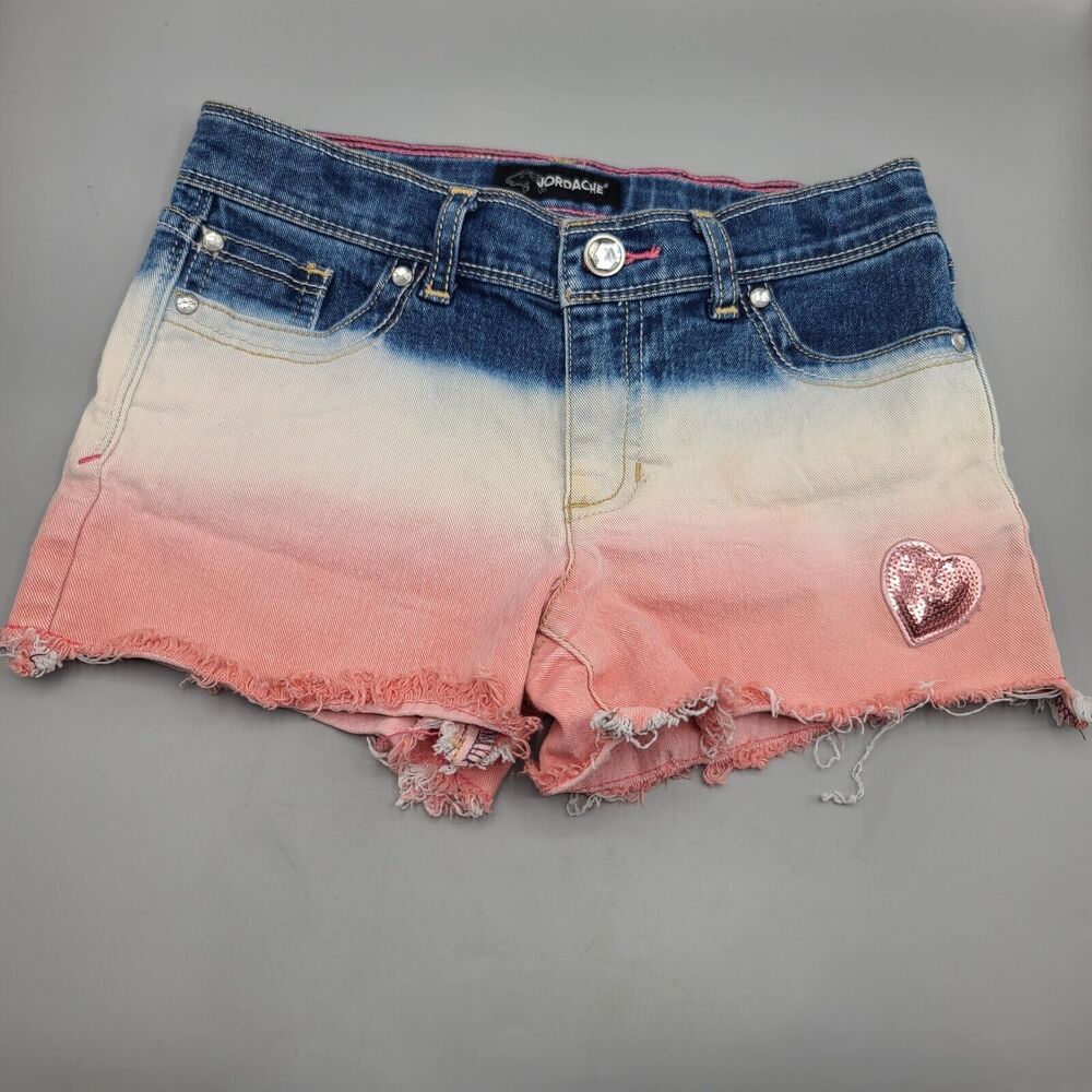 Jordache Cut Off Shorts Girls Size 10 Pink White Blue Tie Dye Denim Sequin Heart